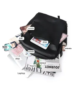 Flat lay of minimalist black PU backpack showing large capacity for laptop and daily items