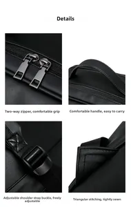 Detailed views of dual metal zippers, padded handle, adjustment buckle, and reinforced stitching