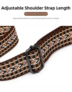 Close-up of ethnic woven shoulder strap with adjustable dark grey metal buckle detail