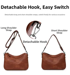 Detail of vintage brown shoulder bag with detachable long and short straps
