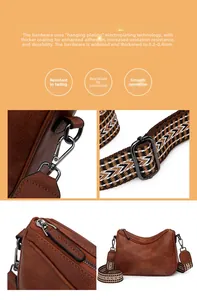 Detail of oxidation-resistant plating hardware and ethnic woven strap on brown PU bag