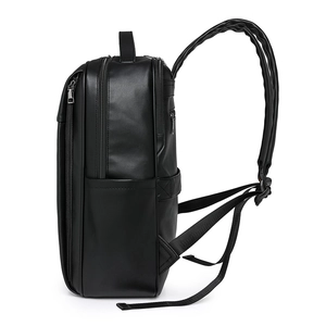 Business PU leather backpack for men and women featuring multi-layer zippers in side view