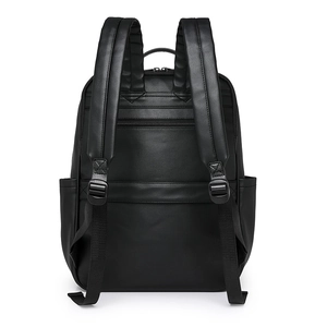 Men's large capacity black PU leather backpack with luggage strap and anti-theft pocket