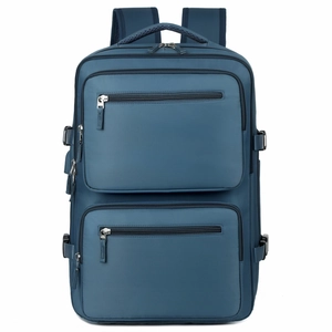 Business large capacity travel backpack with multiple compartments in dark blue nylon fabric