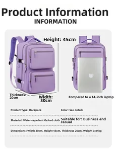 Detailed size specifications of the water-resistant oxford fabric purple backpack