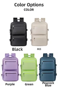 Multiple business backpacks in black, off-white, purple, green, and peacock blue colors
