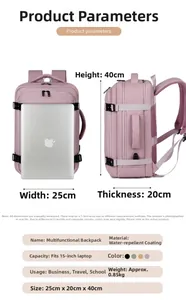 Dettaglio dello zaino rosa impermeabile per laptop da 15 pollici con design espandibile