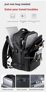 Detail view of large capacity business backpack showing multi-layer compartments and USB port