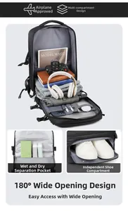 Detailed view of large business backpack with 180 degree opening and separate shoe compartment