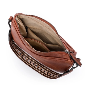 Brown faux leather shoulder bag with ethnic patterned wide strap and internal zip pockets