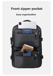 Detail of multi-pocket front zipper compartments for tablets and travel documents