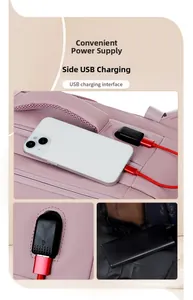 Dettaglio ravvicinato della porta di ricarica USB laterale dello zaino business rosa
