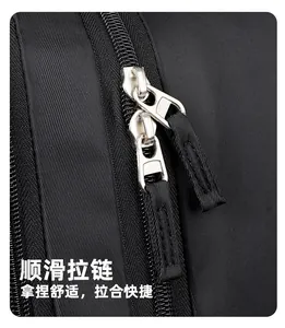 Detailed macro view of smooth dual metal zippers on high-density black nylon business backpack