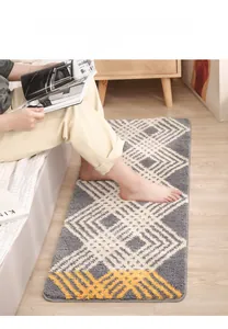 Detail of plush geometric striped rug on wood floor in a cozy bedroom setting