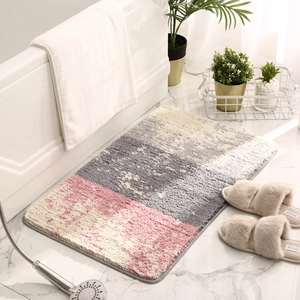 Tapis de Bain Antidérapant Absorbant Épais en Microfibre Floquée Motif Géométrique Abstrait Bloc de Couleur Rectangulaire pour Entrée de Salle de Bain Décoration