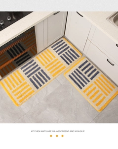 Detail of oil-absorbent kitchen mat set with yellow geometric pattern and non-slip surface