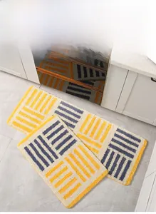 Macro view of plush geometric pop art kitchen mats with absorbent microfiber texture