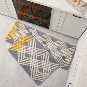 Modern geometric striped kitchen mat set with absorbent yellow and grey plush fibers