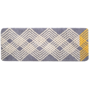 Minimalist grey striped geometric runner rug with yellow and cream diamond tufted texture