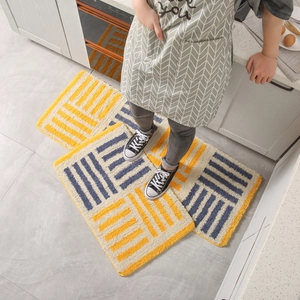 Japanese style kitchen mat set with geometric stripes in yellow and blue colors