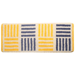 Japanese style kitchen mat with geometric yellow and blue stripes on non-slip surface