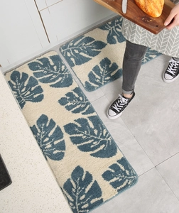 Juego de alfombrillas de cocina con hojas de monstera azul, alfombra felpa antideslizante