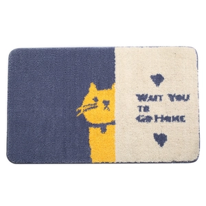 Cartoon cat bathroom mat with 'Wait You To Go Home' text and non-slip plush surface