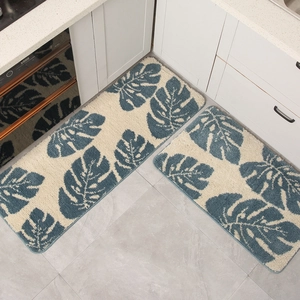 Juego alfombrillas cocina absorbentes con hojas de monstera en tejido crema