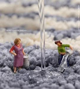 Vue détaillée du tapis moelleux gris et blanc montrant la texture absorbante des fibres
