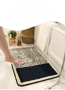 Close-up of soft absorbent bathroom mat with non-slip texture and blue color block detail