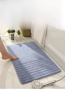 Detailed texture of thick lavender plush bathroom mat with absorbent soft fiber surface
