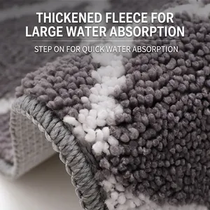 Thickened grey geometric absorbent bath mat with plush non-slip fiber texture