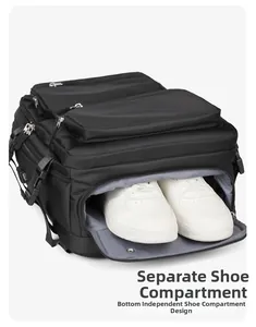 Detailed view of large business travel backpack featuring a bottom separate shoe compartment