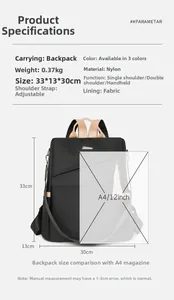 Size chart showing large capacity nylon backpack dimensions 33x13x30cm with A4 scale