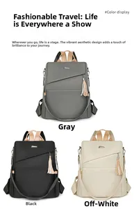 Detailed comparison of nylon backpacks in gray, black, and beige with metal logos