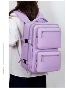 Detailed side view of light purple waterproof nylon business backpack with buckles