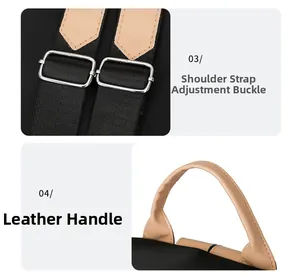 Detail of durable nylon backpack showing adjustable metal buckle and leather handle