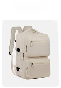 Side view of cream business backpack showing multi-layer pockets and side buckles
