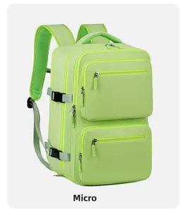 Side view of lime green waterproof business backpack with multiple pockets and buckles