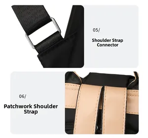 Detail of nylon backpack showing durable metal strap connectors and stitched leather straps
