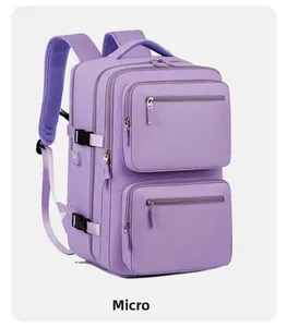Side view of light purple travel backpack with USB port and multiple pockets