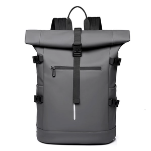 Waterproof matte grey roll-top backpack with large capacity and reflective strip