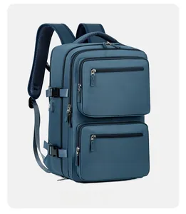 Side view of dark blue business laptop backpack with multi-layered pockets and USB port