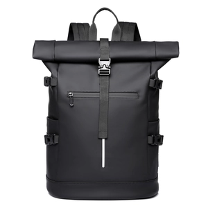 Waterproof black roll-top backpack with reflective strip and metal buckle for travel