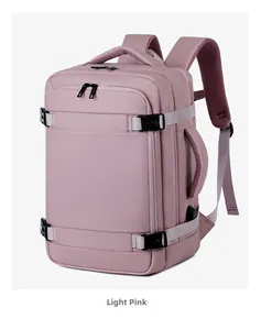 Vista laterale dello zaino da viaggio rosa antico con porta di ricarica USB