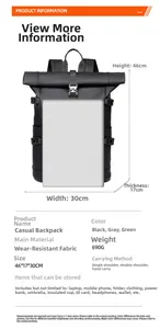 Detailed size chart of large roll-top backpack with 46x30x17cm specs and waterproof fabric