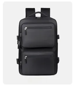 Front view of black business backpack featuring water-resistant nylon and large zipper pockets
