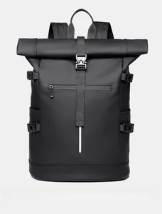 Front view of black roll-top waterproof backpack with buckle strap and reflective strip