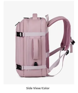 Vista laterale dello zaino rosa con porta USB e spallacci in rete traspirante spessa