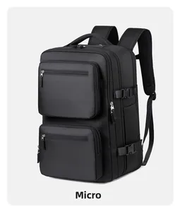 Side view of black business backpack with multi-layer pockets and water-resistant fabric